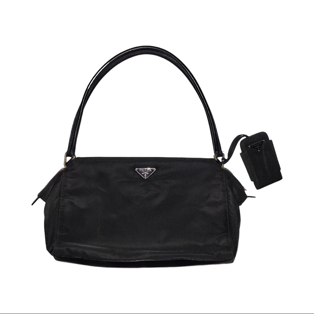 Vintage Prada Black Vitello-Trimmed Tessuto Handle Nylon Shoulder Bag